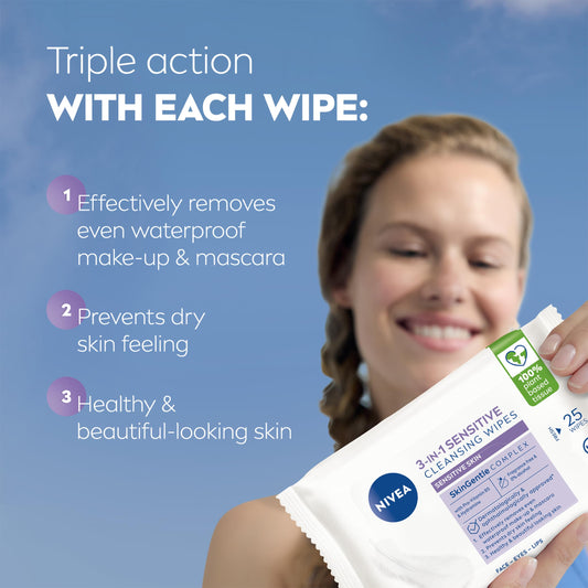 NIVEA 3-in-1 Sensitive Cleansing Wipes (25 Sheets), Plant-Based Makeup Remover, Face Wipes for Sensitive Skin, Gentle Yet Effective Makeup Removal (Pack of 6)