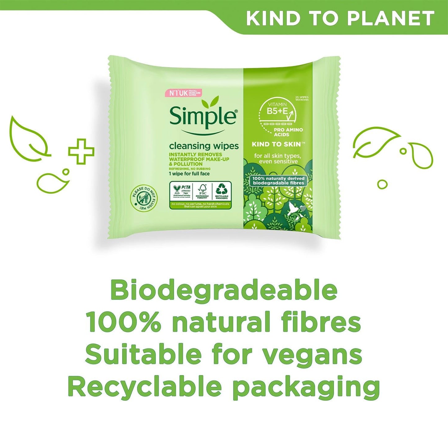 Simple Sensitive Skin Experts Kind To Skin Cleansing Facial Wipes, Waterproof Mascara Remover, Even Softer, 25 Count, (4 Pack)