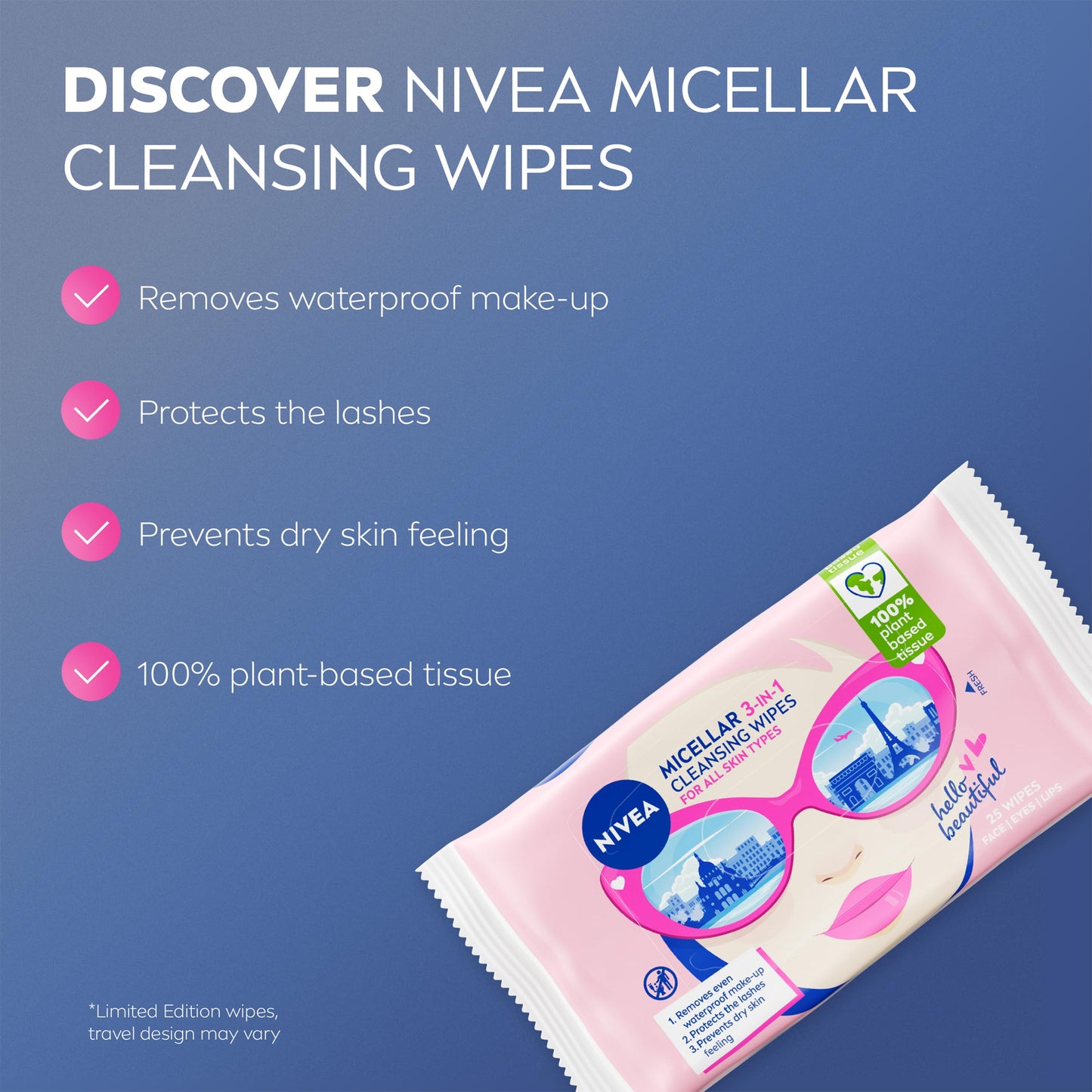 NIVEA Limited Edition Micellar Cleansing Wipes (25pcs), Biodegradable with Micellar Technology, Facial Wipes Effectively Removes Waterproof Make-Up and Mascara (Packaging maybe in different color)