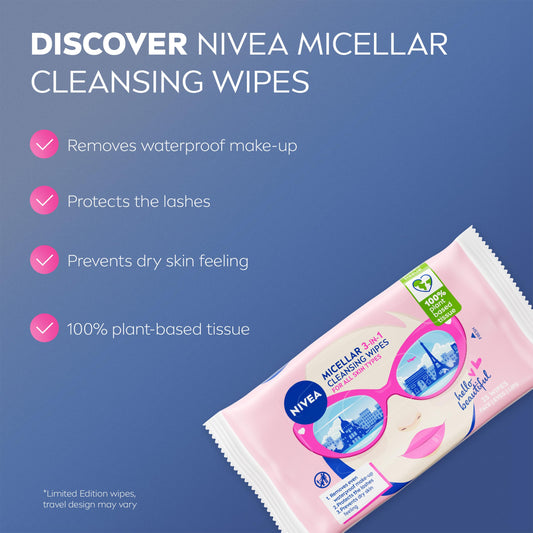 NIVEA Limited Edition Micellar Cleansing Wipes (25pcs), Biodegradable with Micellar Technology, Facial Wipes Effectively Removes Waterproof Make-Up and Mascara (Packaging maybe in different color)
