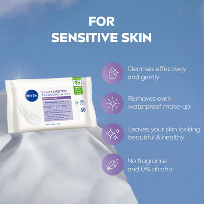 NIVEA 3-in-1 Sensitive Cleansing Wipes (25 Sheets), Plant-Based Makeup Remover, Face Wipes for Sensitive Skin, Gentle Yet Effective Makeup Removal (Pack of 6)