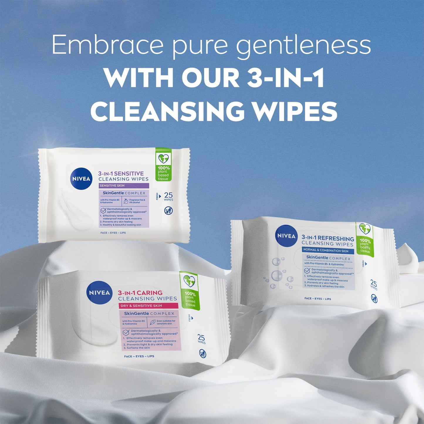 NIVEA 3-in-1 Sensitive Cleansing Wipes (25 Sheets), Plant-Based Makeup Remover, Face Wipes for Sensitive Skin, Gentle Yet Effective Makeup Removal (Pack of 6)